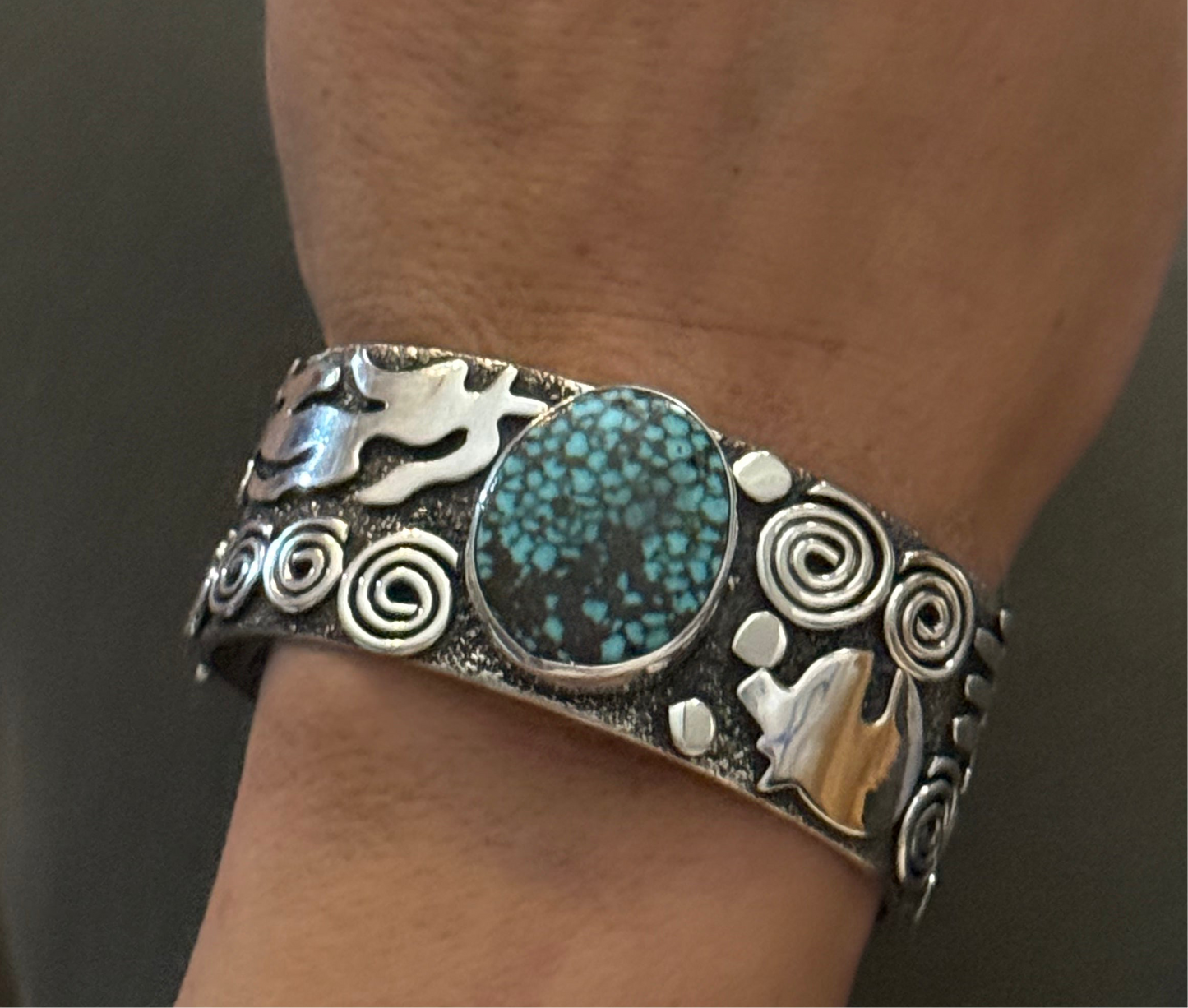 Petroglyph Cuff with Kingman Web Turquoise by Alex Sanchez, Navajo (medium width)