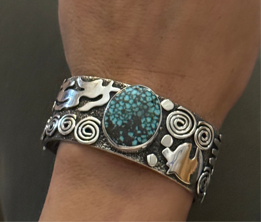 Petroglyph Cuff with Kingman Web Turquoise by Alex Sanchez, Navajo (medium width)
