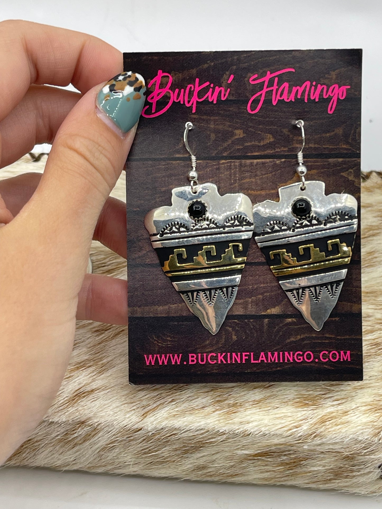Black Onyx Brass and Silver Arrowhead Dangle Earrings by Tommy and Rose Singer, Navajo