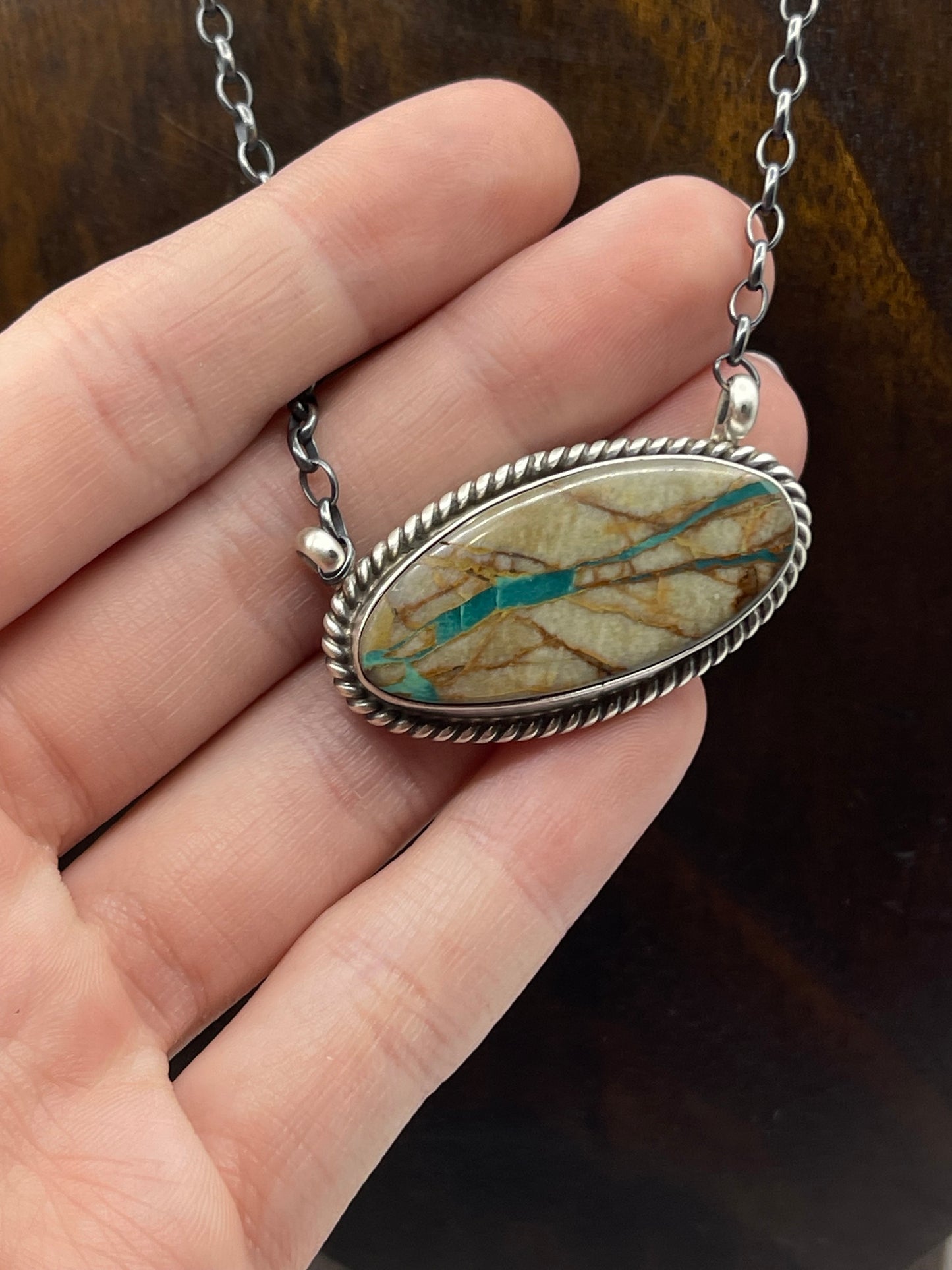 16" Royston Ribbon Turquoise Oval Necklace by Eugene Balone, Navajo
