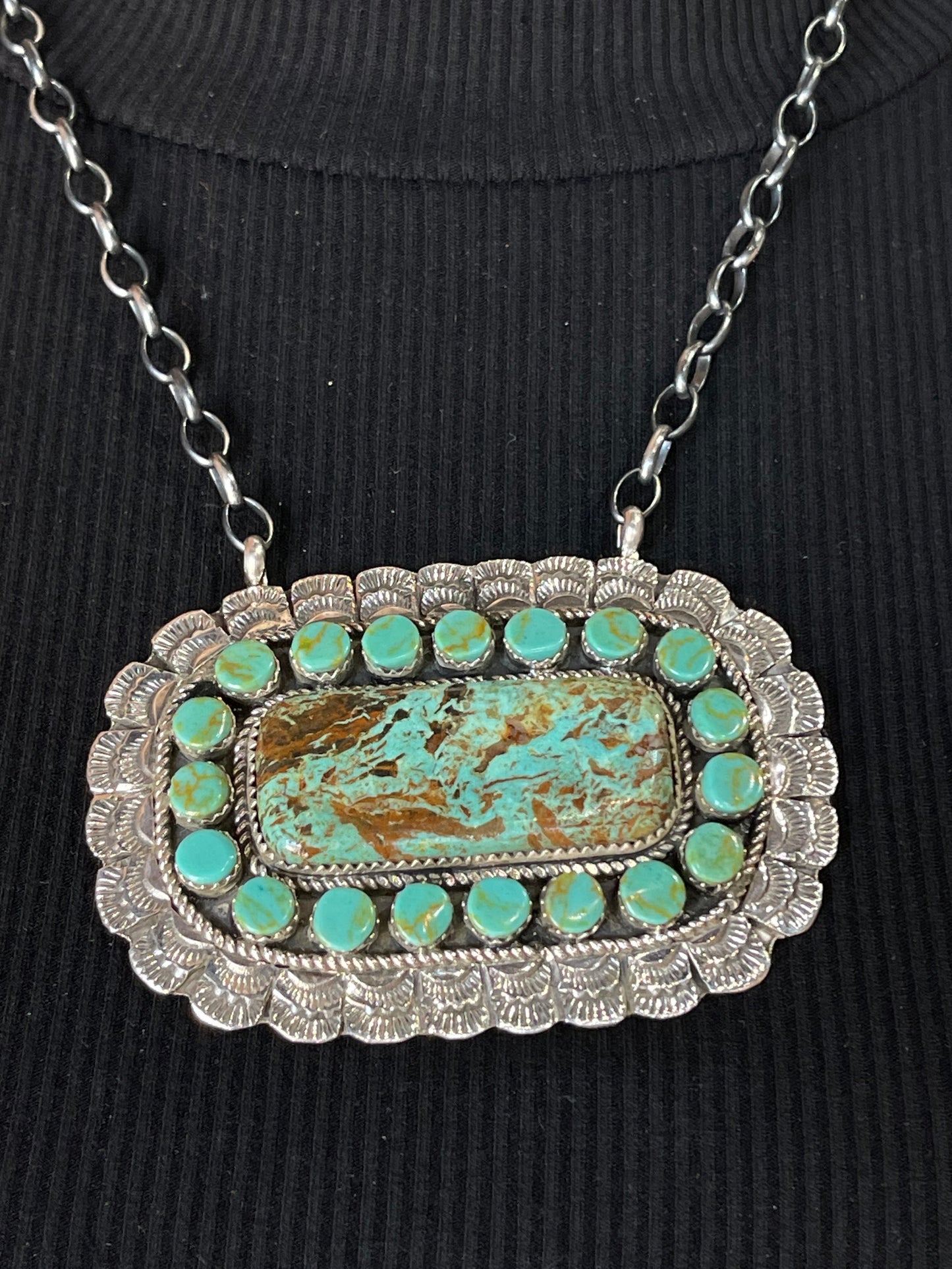 18" Kingman Turquoise Cluster Bar Necklace by Larry Etsitty, Navajo