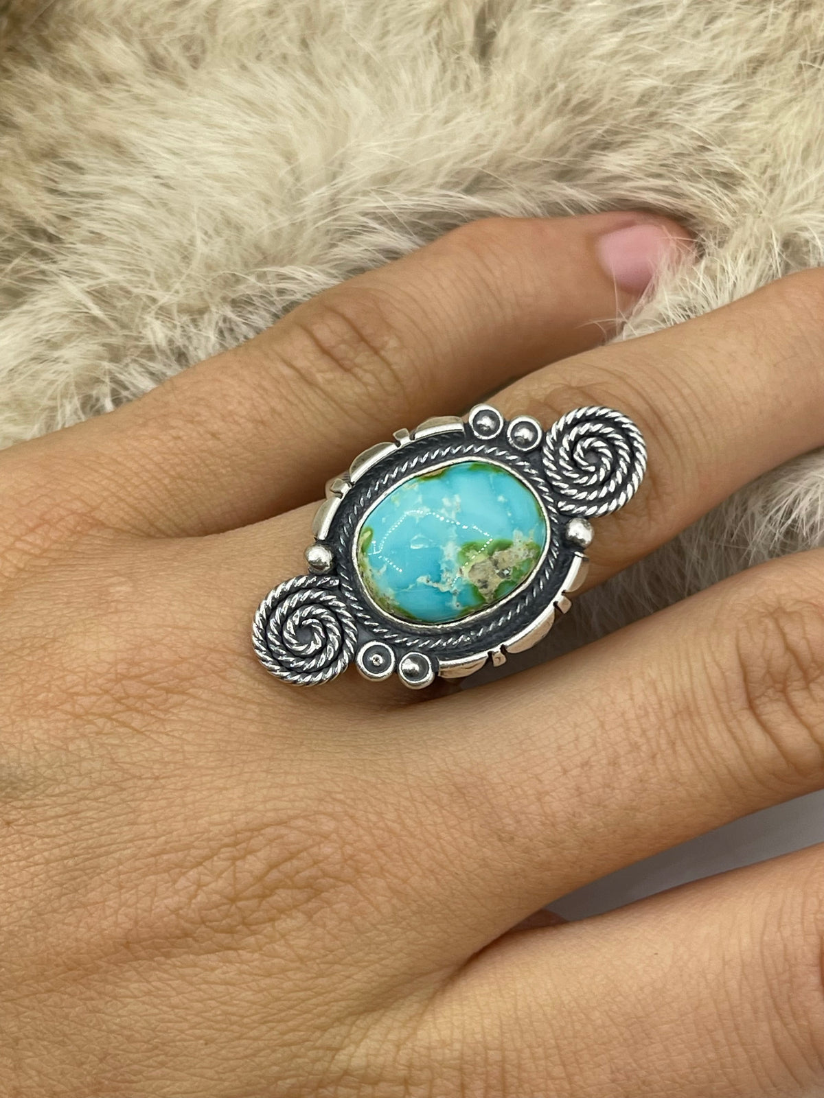 7.5 Sonoran Gold Turquoise Ring with Spiral by Marita Benally, Navajo
