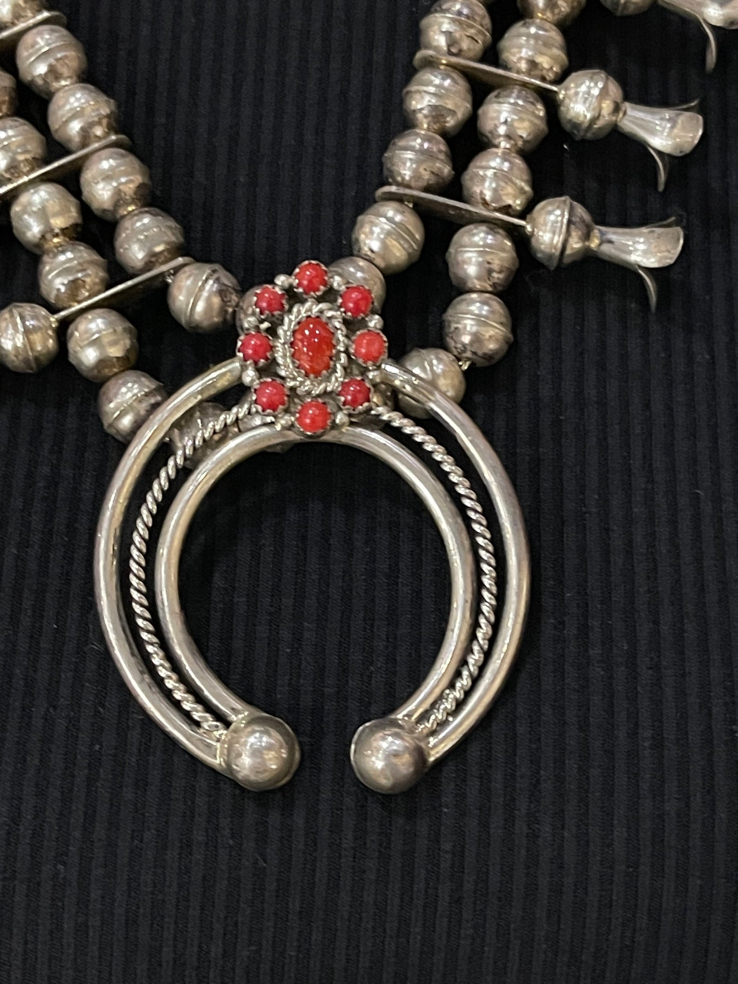 20" Red Coral Cluster Squash Blossom Necklace by Nate Curly, Navajo