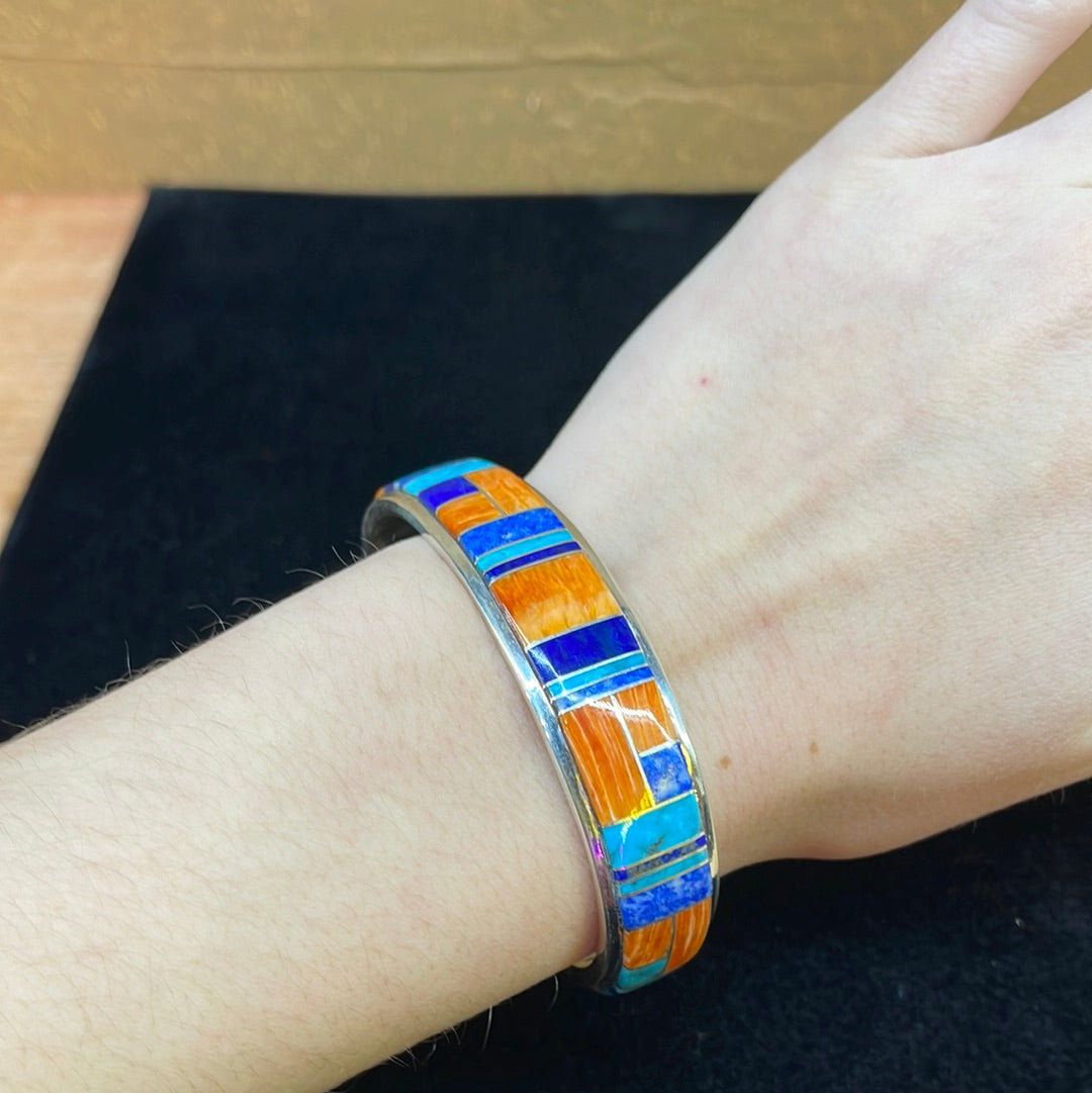Navajo Orange Spiny And Turquoise With Lapis Cuff Bracelet By Arlo Kanteena