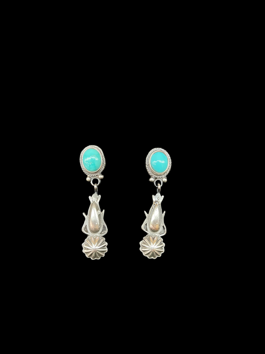 Turquoise and Dark Sterling Silver Dangle Earrings by Verley Betone, Navajo