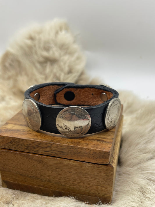 6" Buffalo Nickel on Black Leather