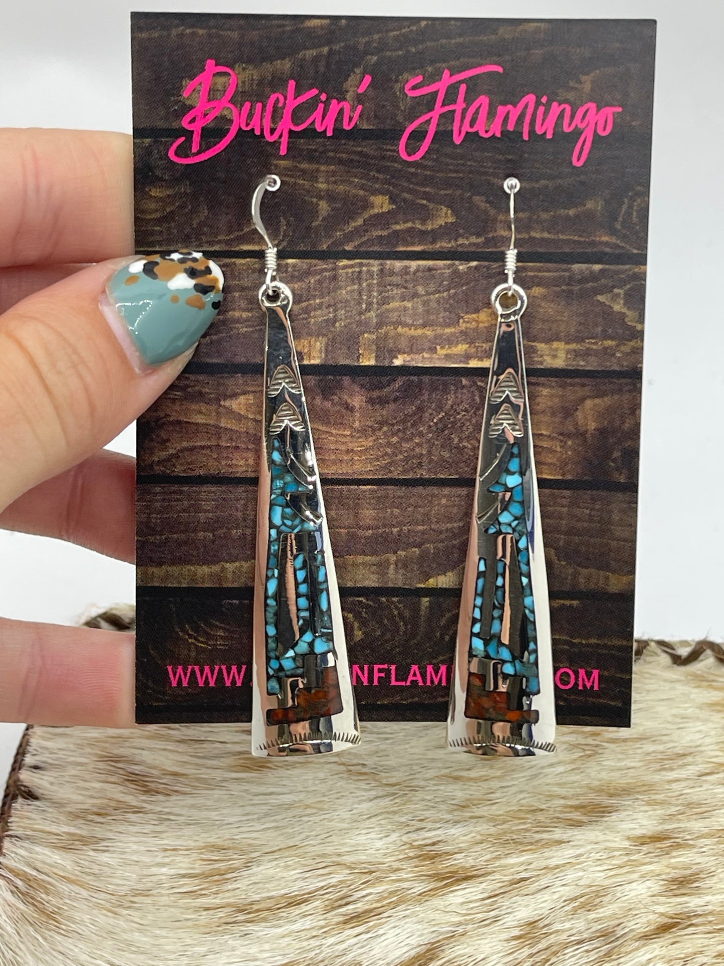 Turquoise and Coral Chip Inlay Dangle Earrings by Jolene Yazzie, Navajo
