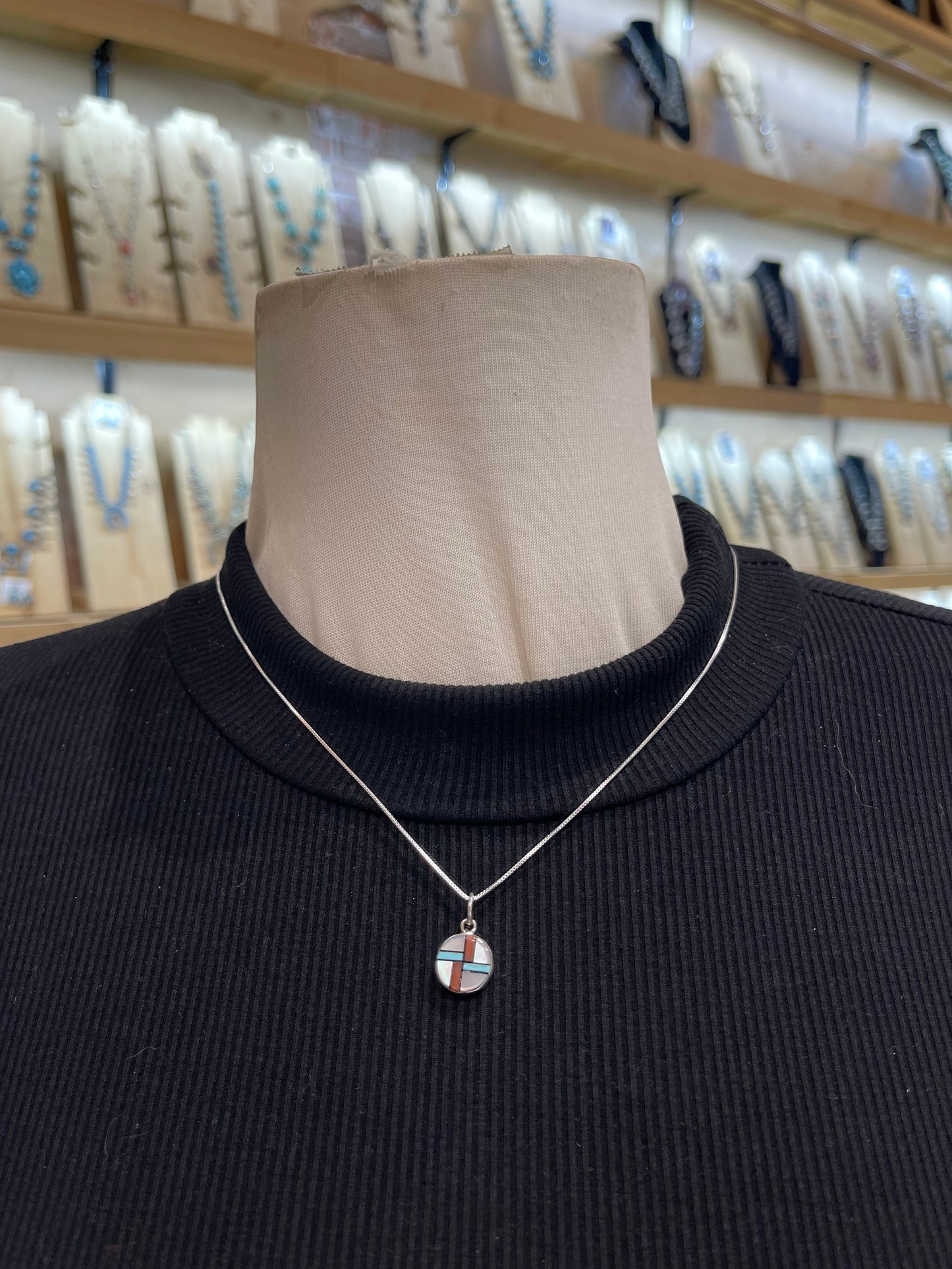 18" Chain with Inlaid Circle Pendant by James Cheama, Zuni