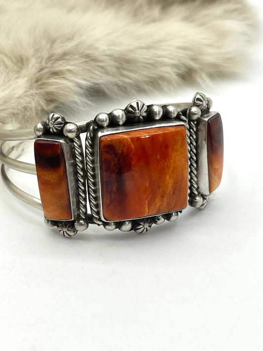 3 Stone Orange Spiny Oyster Cuff by Augustine Largo, Navajo