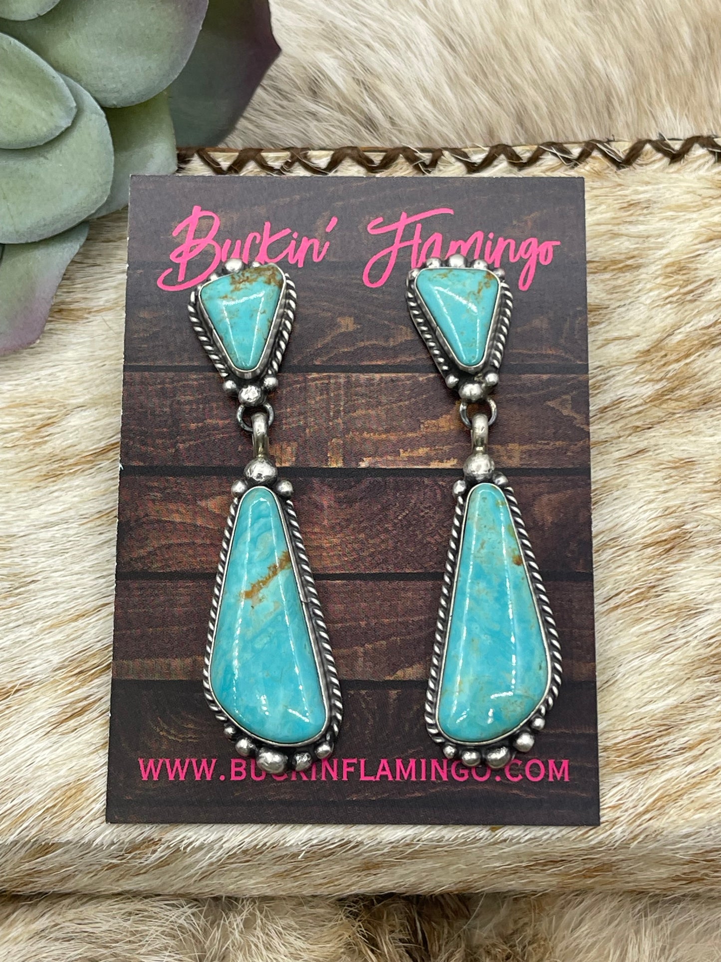 2 Stone Kingman Turquoise Drop Post Dangle Earrings by Elouise Kee, Navajo