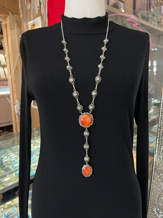30"+6" Orange Spiny Oyster Shell Lariat Necklace by Leona Delgarito, Navajo