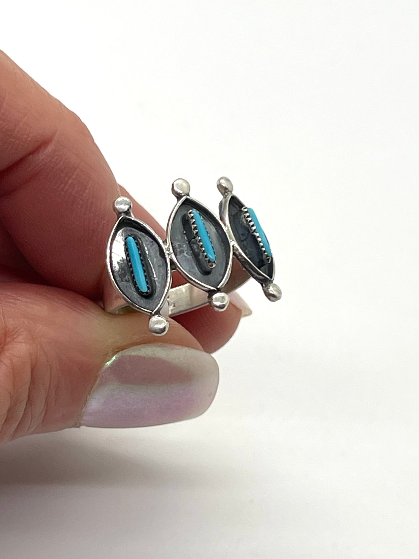 5.0 3 Stone Needlepoint Turquoise Ring by Fernando Othole, Zuni
