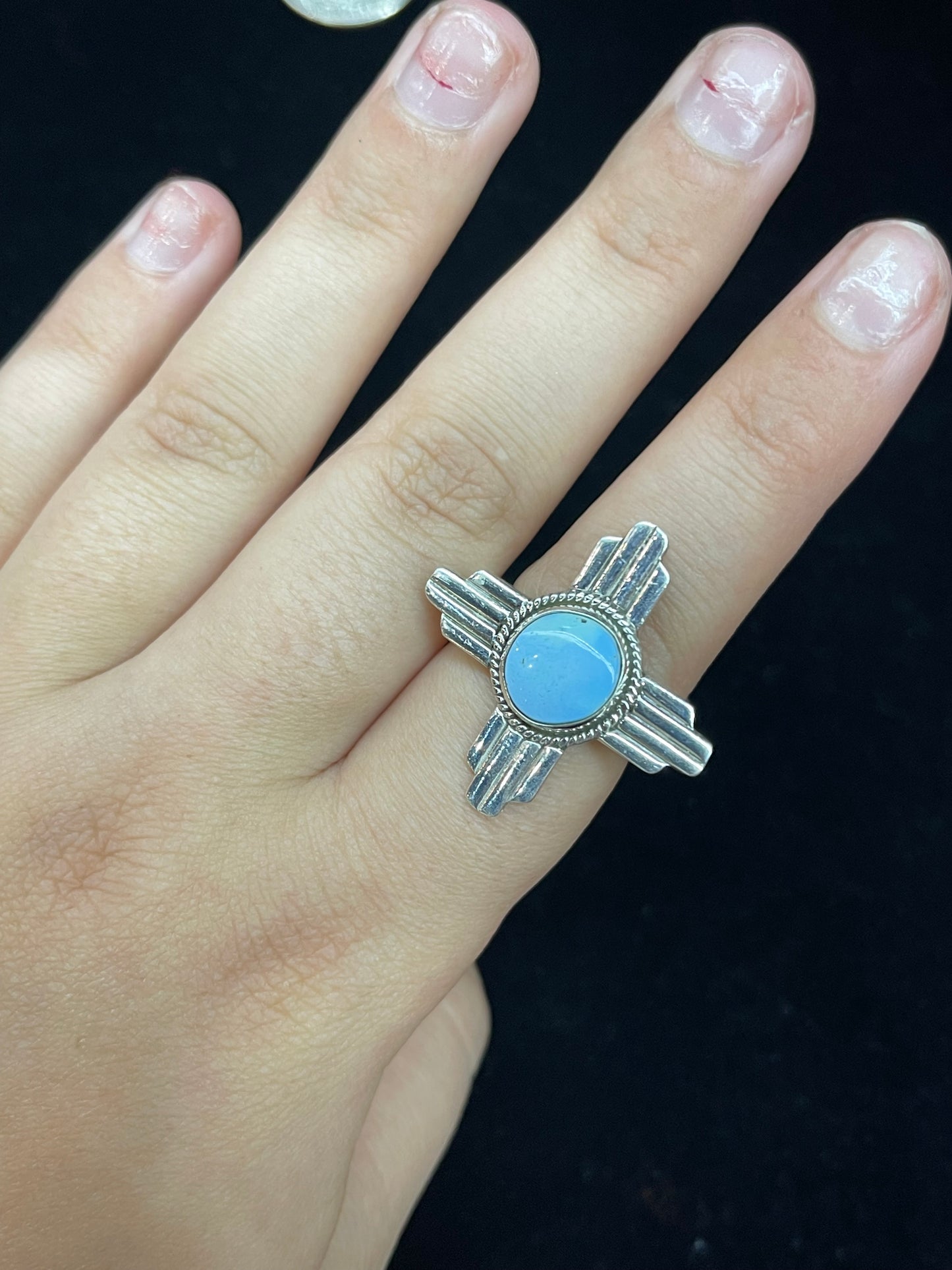 Adjustable Golden Hills Turquoise Ring with Zia Symbol