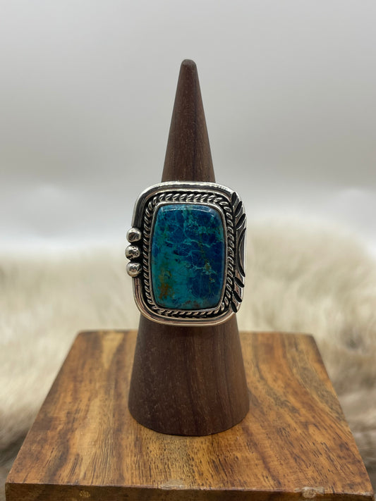 8.0 Square Azurite Chrysocolla Ring By Ray Tom, Navajo