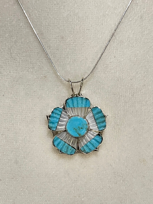 16" Turquoise and Mother of Pearl Flower Pendant Necklace with a 3mm Bale by Marsha Quam, Zuni