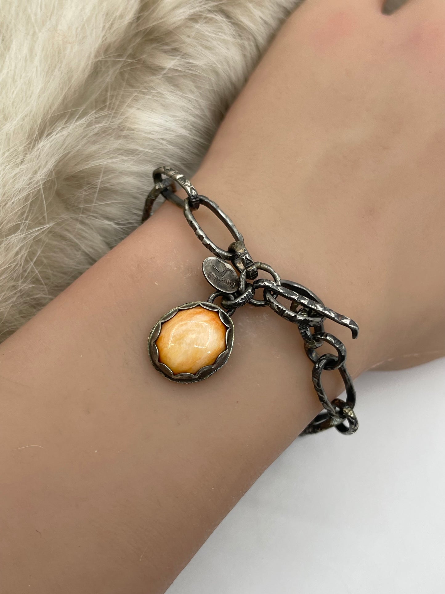 6.75" Handmade Paperclip Link Bracelet with Orange Spiny Oyster by Bad Bronc