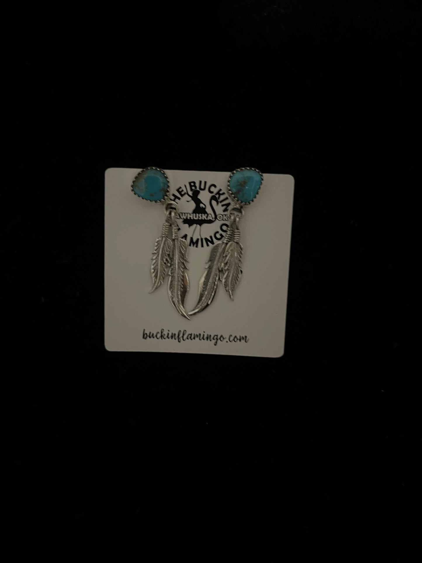 Turquoise Double Feather post Dangle Earrings by Annie Spencer, Navajo