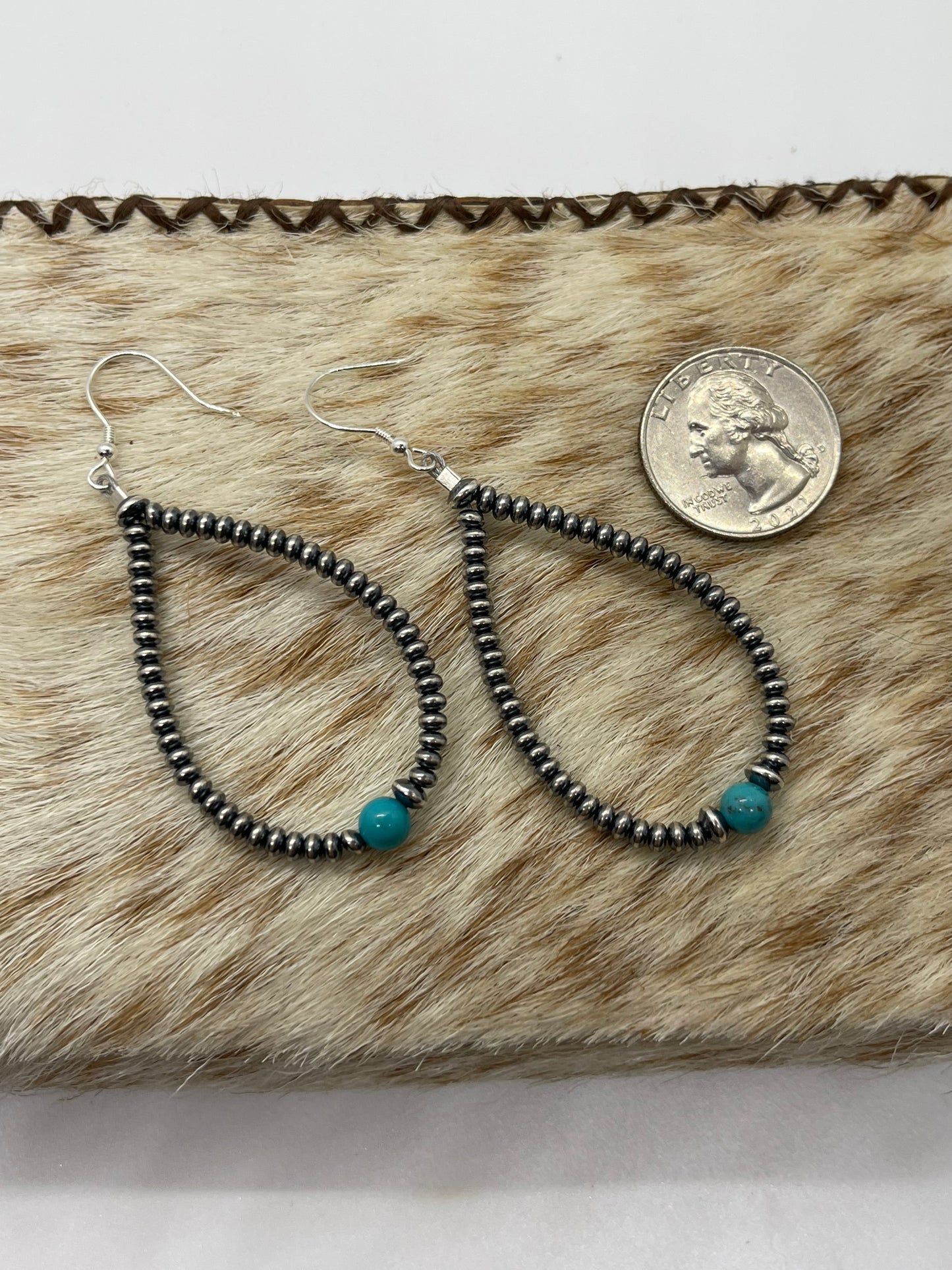 3mm Rondelle Navajo Pearl Teardrop Dangle Earrings with Turquoise, Navajo