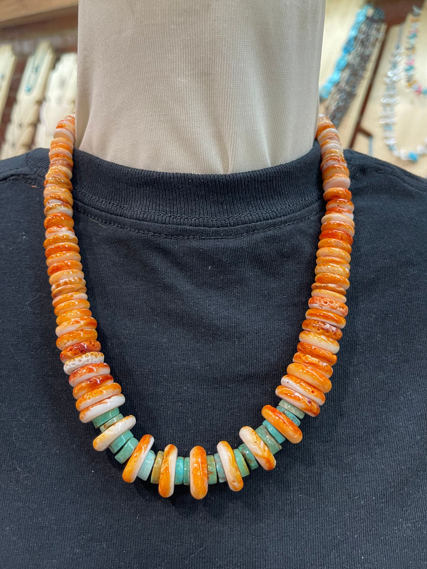 20" Graduated Orange Spiny Oyster Shell and Royston Turquoise Necklace