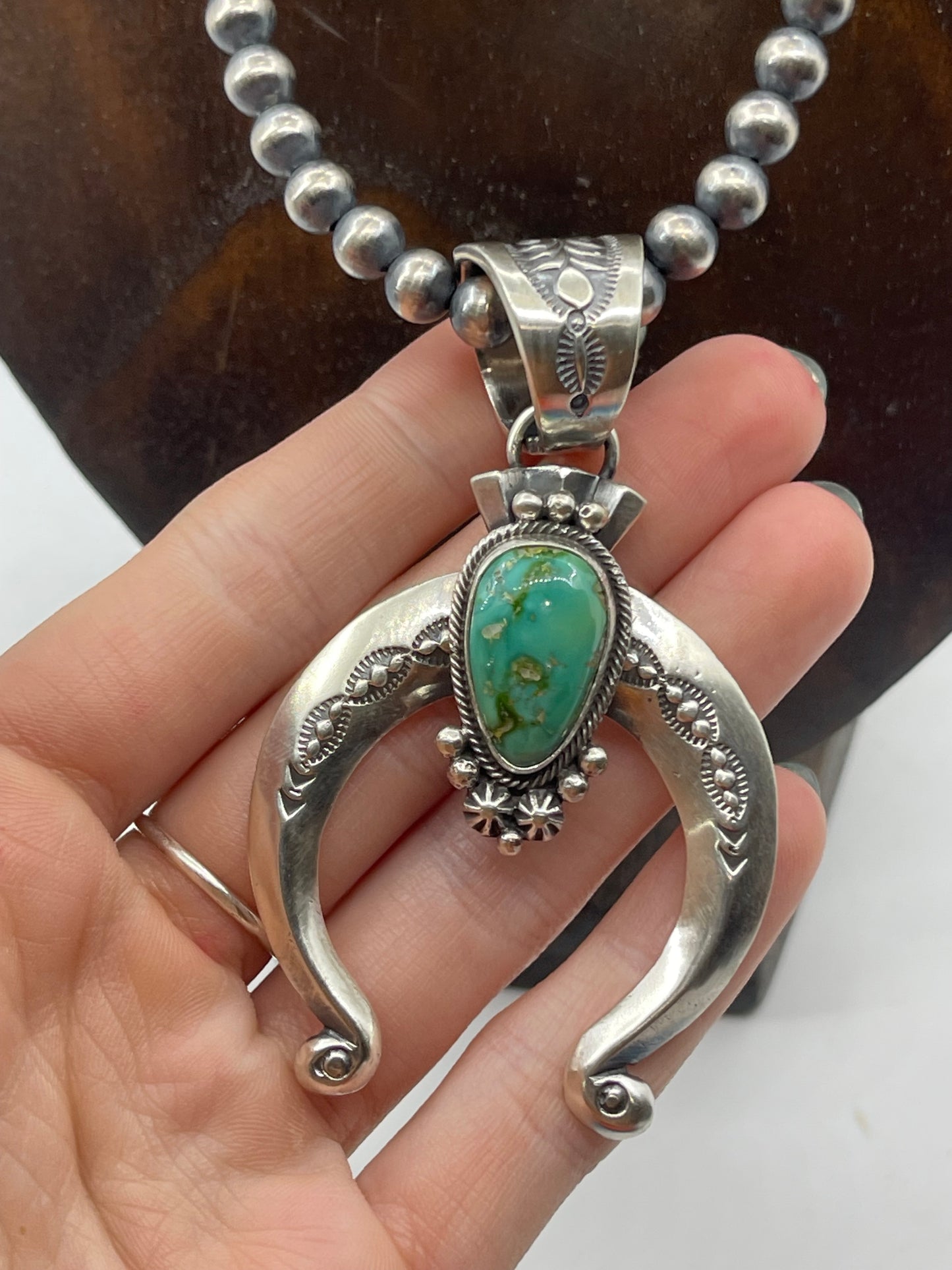 18" 6mm Navajo Pearls with Sonoran Gold Turquoise Naja Pendant by Samuel Yellowhair, Navajo