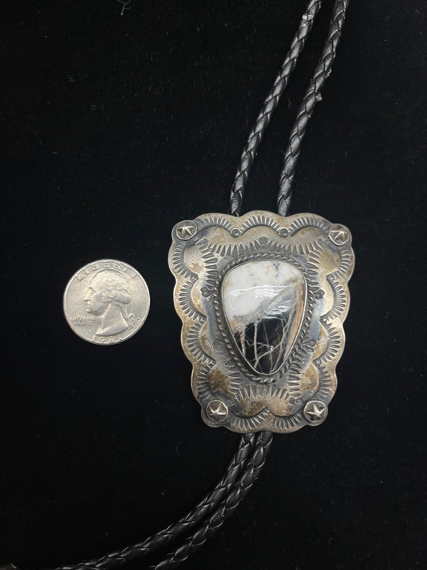 White Buffalo and Sterling Silver Bolo Tie by Chimney Butte, Navajo