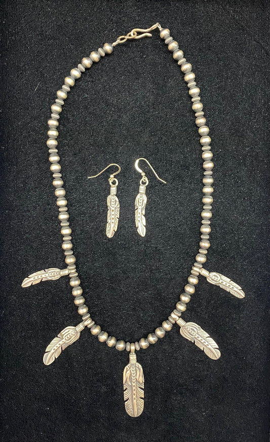 Sterling Silver Feather and Navajo Pearl Necklace and Earring Set