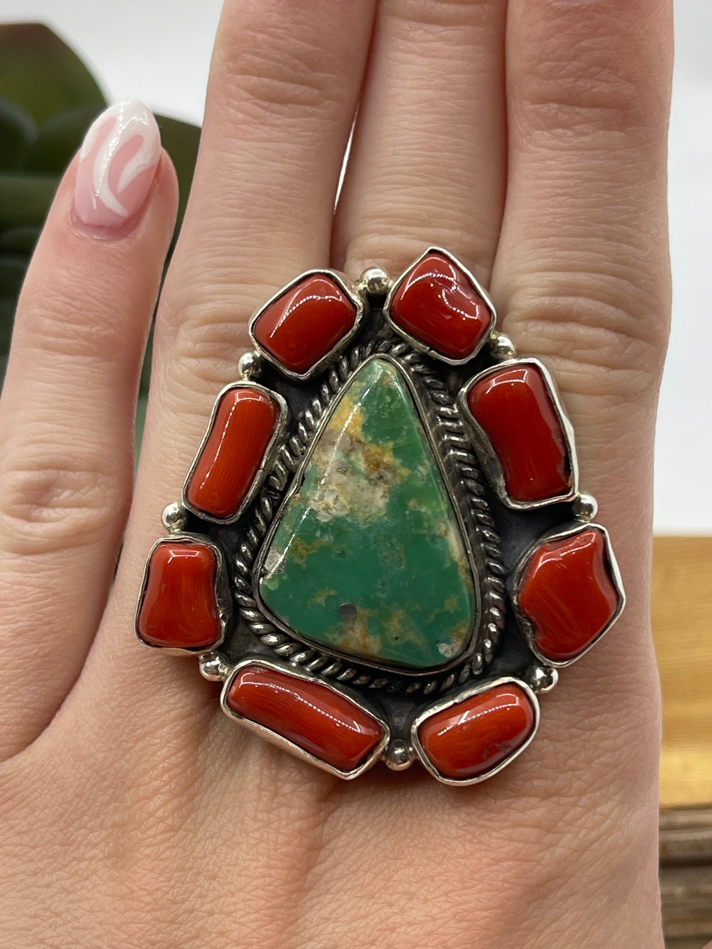 Adjustable Royston Turquoise and Red Coral Ring