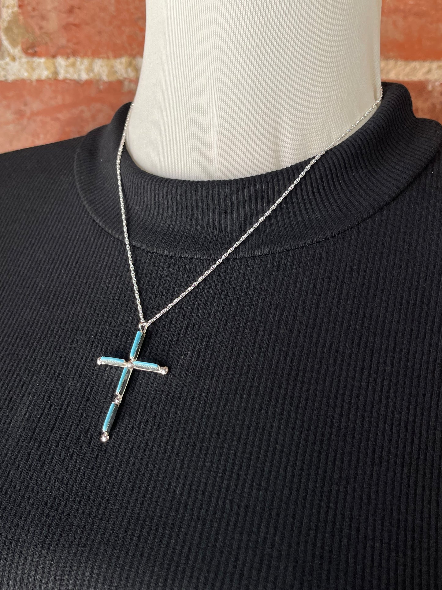 18" Zuni Needlepoint Turquoise Cross Necklace by Ashley Laate, Zuni
