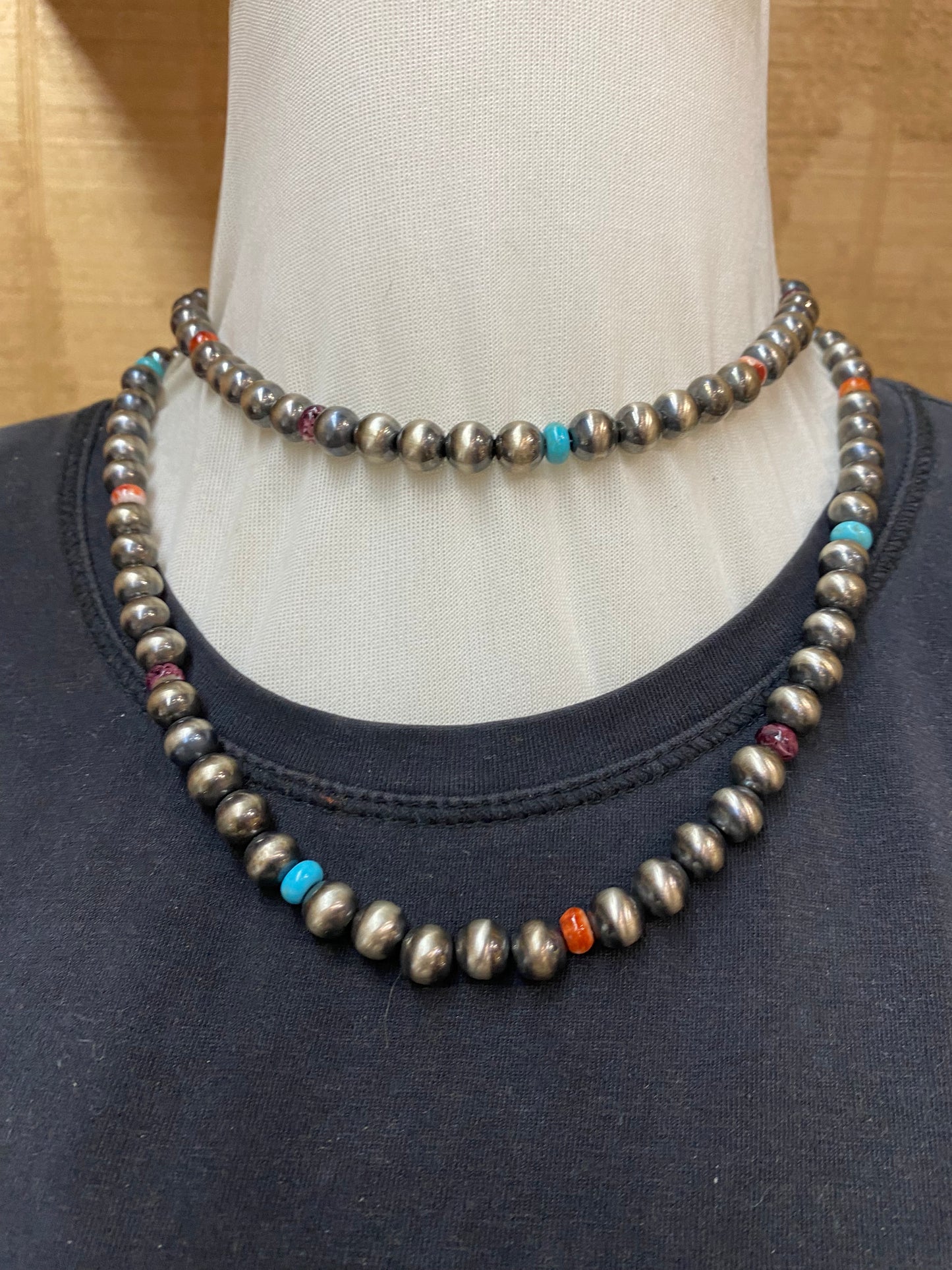 36" 8mm Navajo Pearls with Spiny Oyster Shell and Turquoise Beads