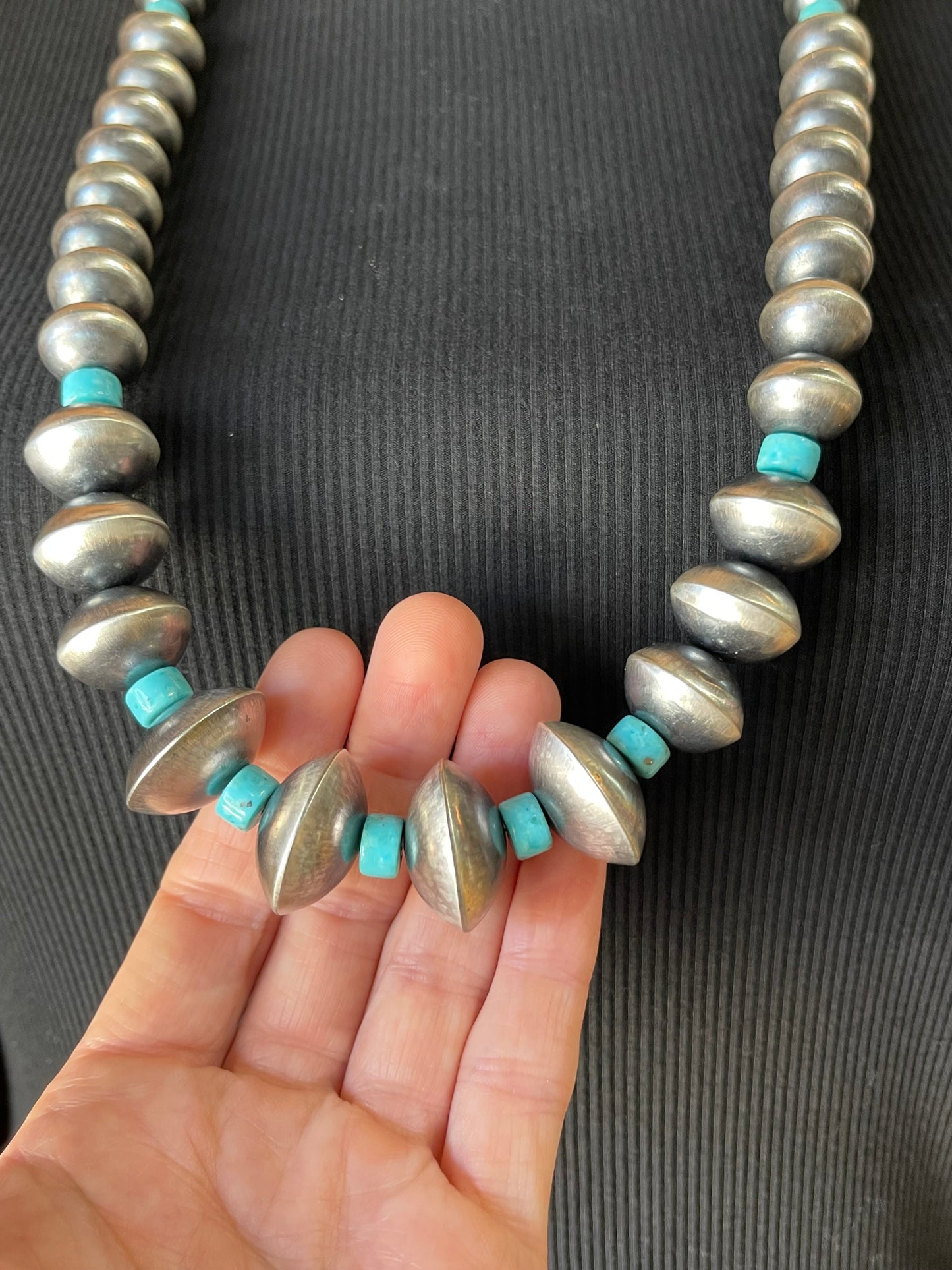 28" 11mm-22mm Handmade Navajo Pearls and Graduated Turquoise Necklace and Earrings Set by Sharon Cooley, Navajo