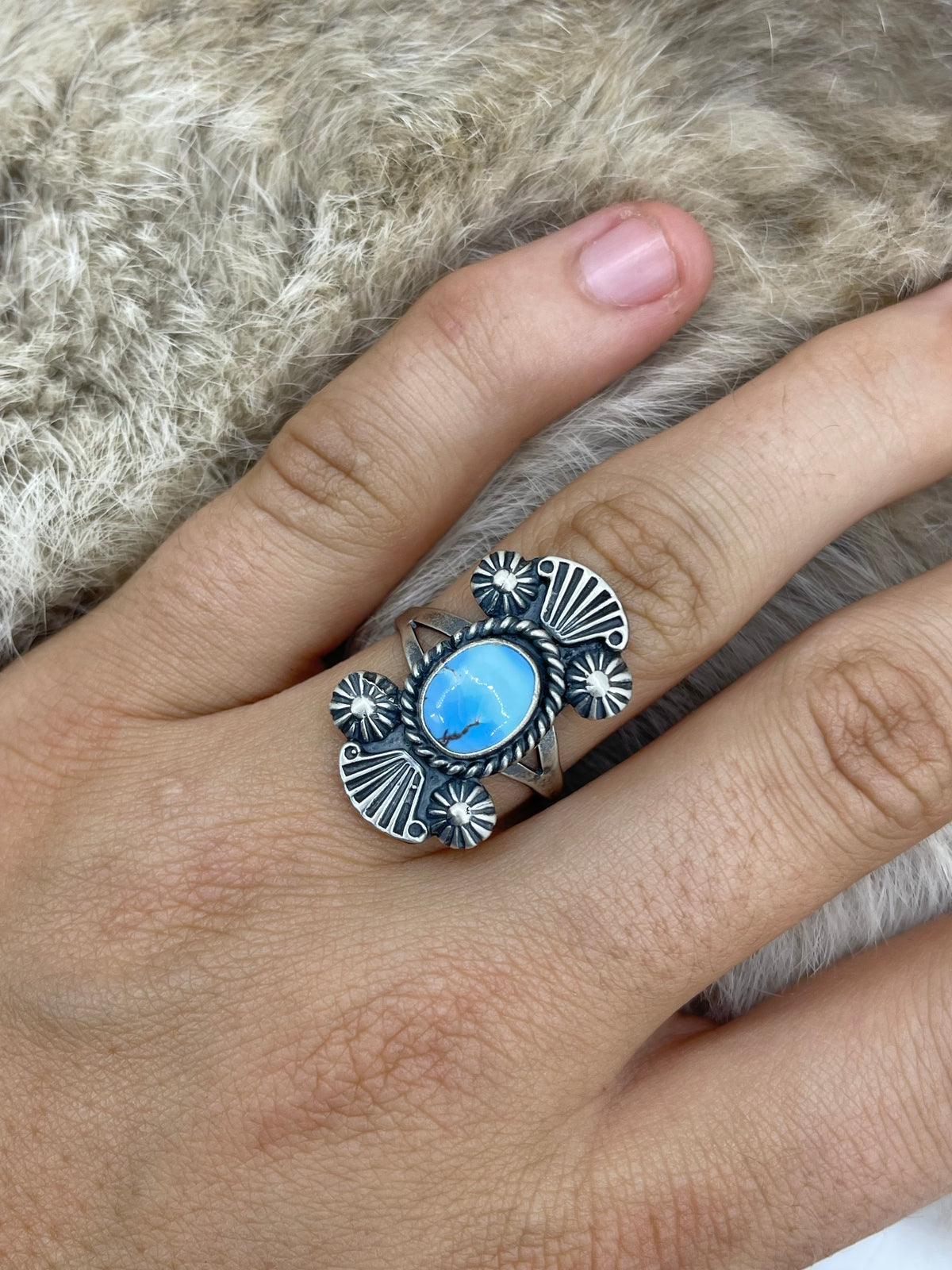 8.5 Golden Hills Turquoise Ring by Jerryson Henio, Navajo