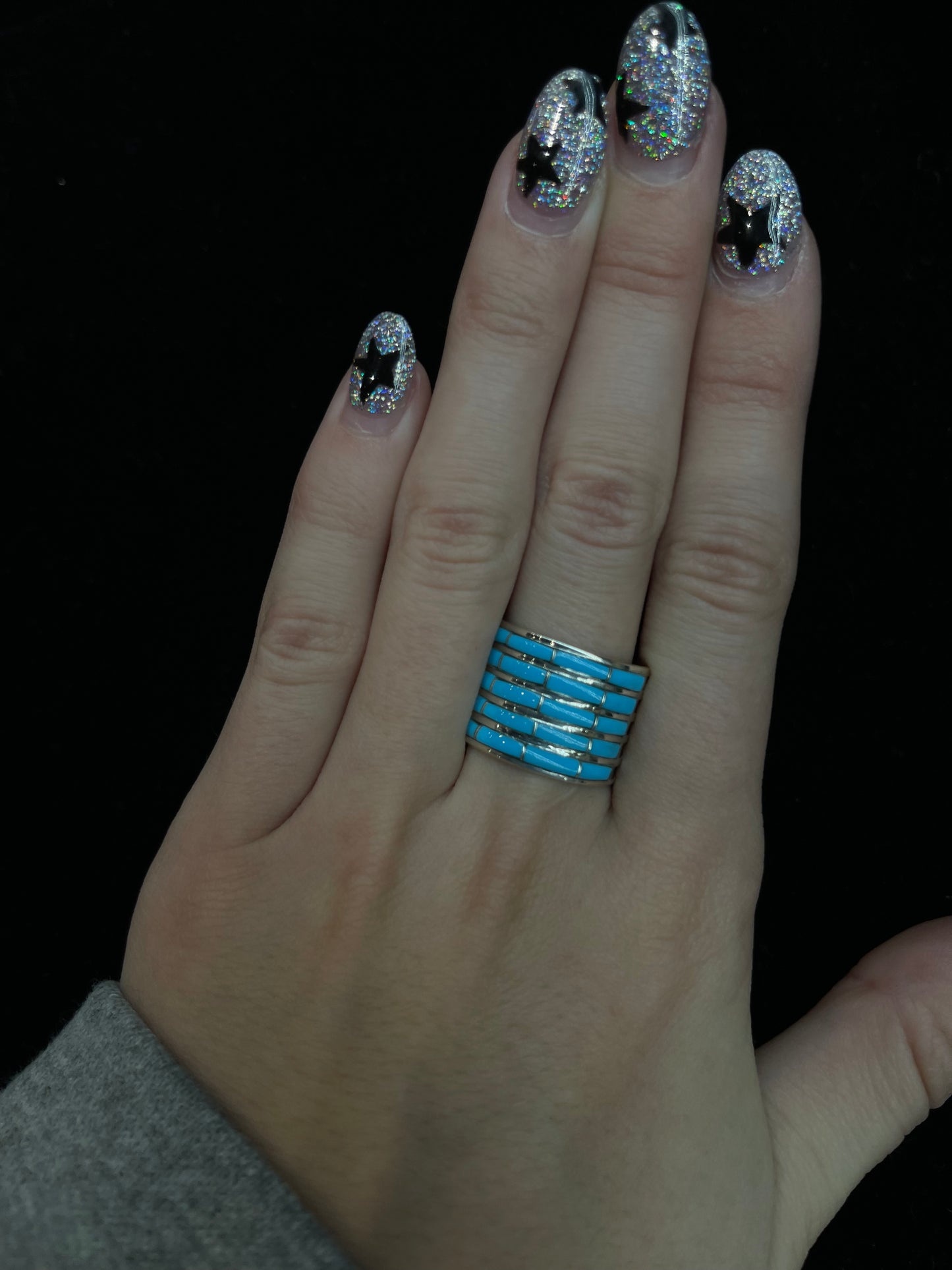 7.0 5 Row Inlay Turquoise Ring by Jamie Johnson, Zuni