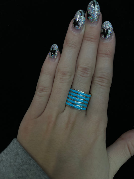 7.0 5 Row Inlay Turquoise Ring by Jamie Johnson, Zuni
