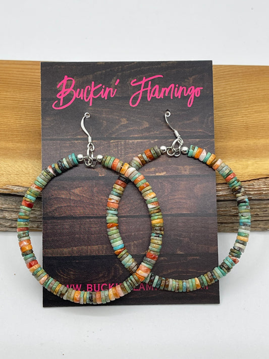Turquoise and Spiny Oyster Shell Heishi Bead Dangle Hoop Earrings by Ramona Calabaza, Santo Domingo