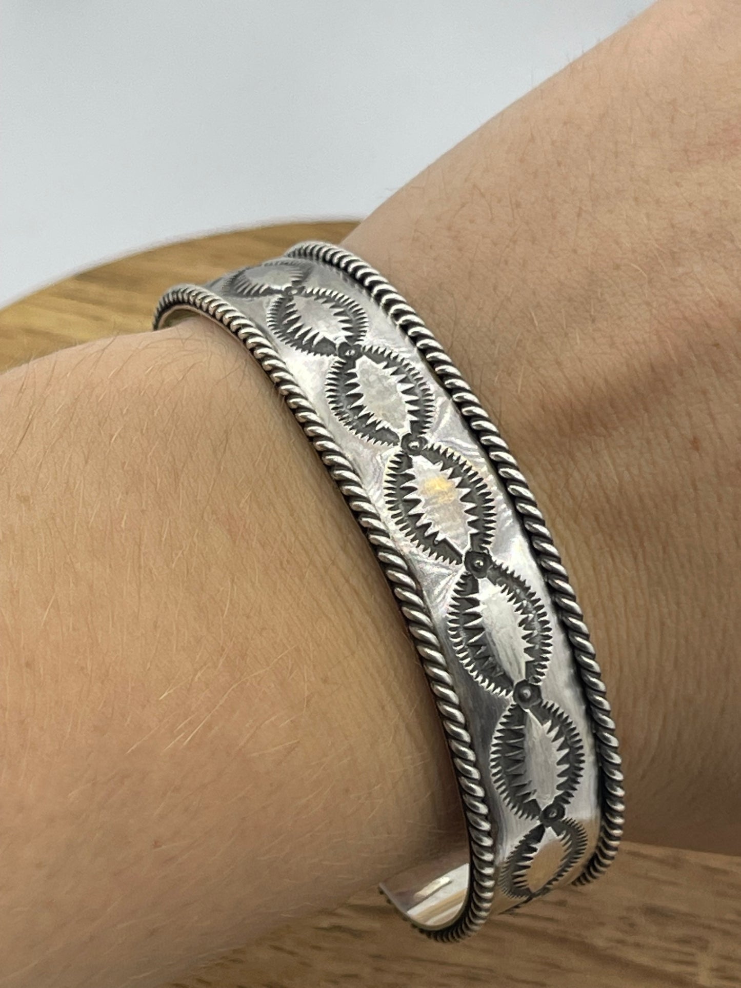 Stamped All Silver Cuff by James Bahe, Navajo