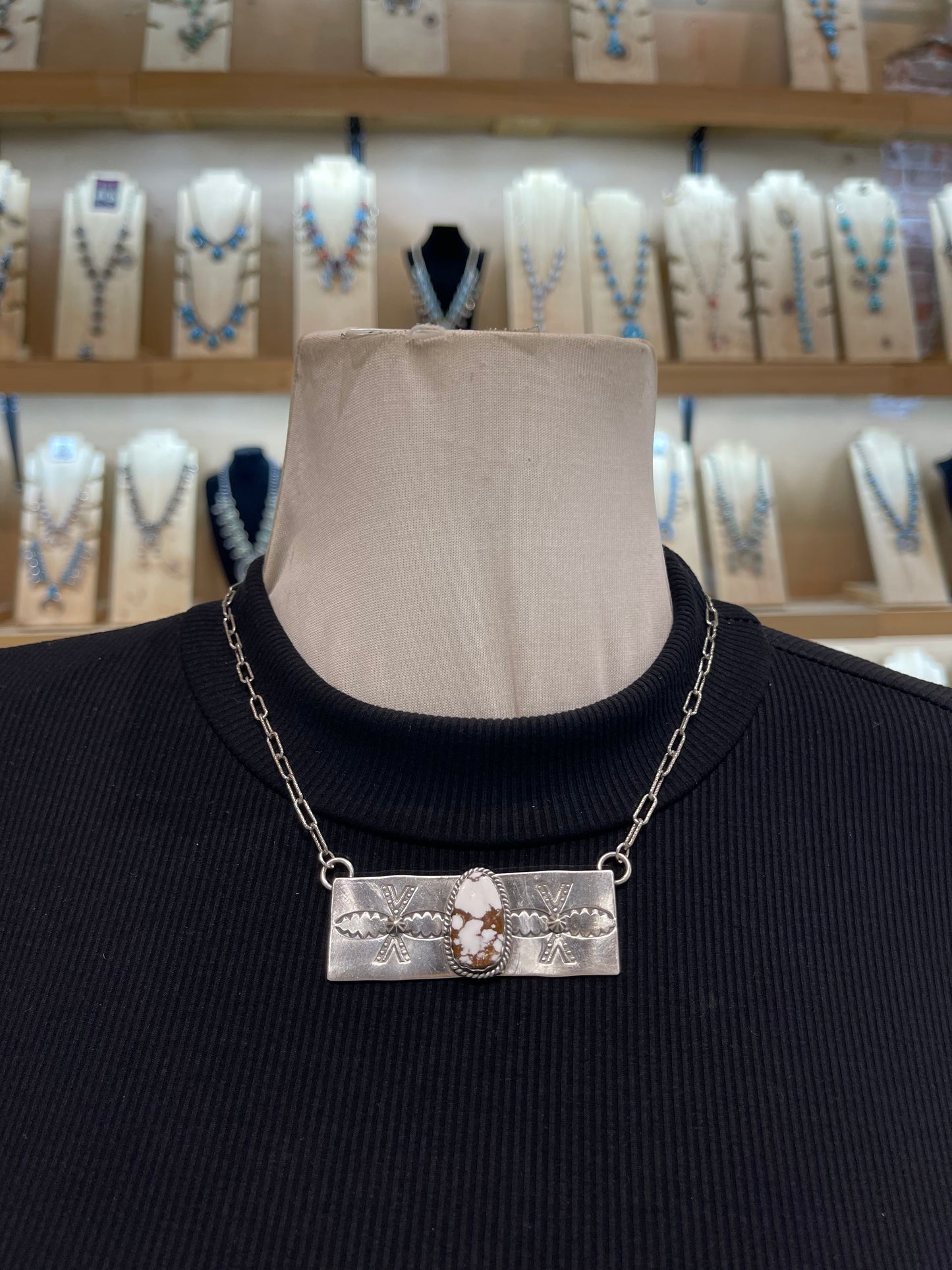 17" White Horse Necklace by Gabby Jurado, Navajo
