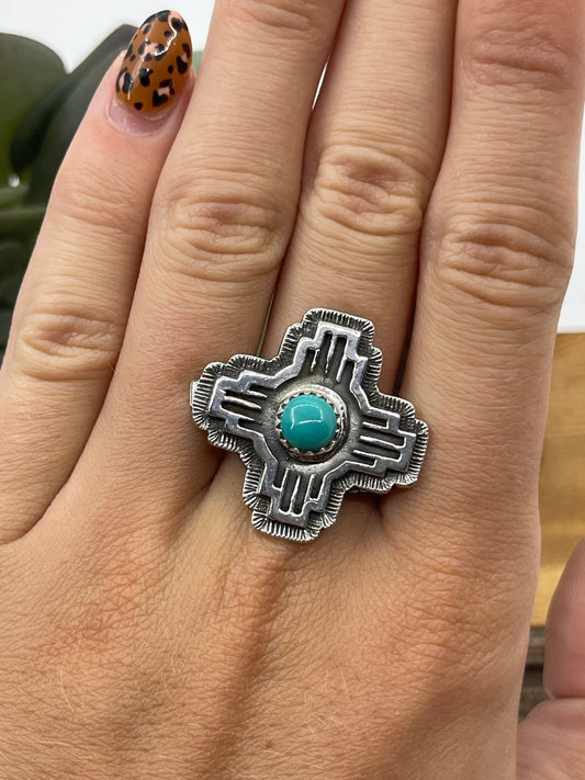 8.0 Turquoise Zia Symbol Ring by Hiram Largo, Navajo