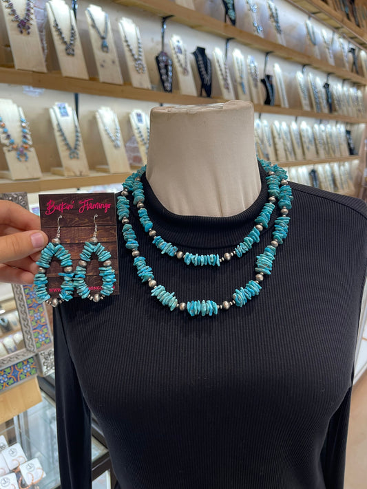 16” & 22” Double Strand Chunky Turquoise Necklace & Earring Set
