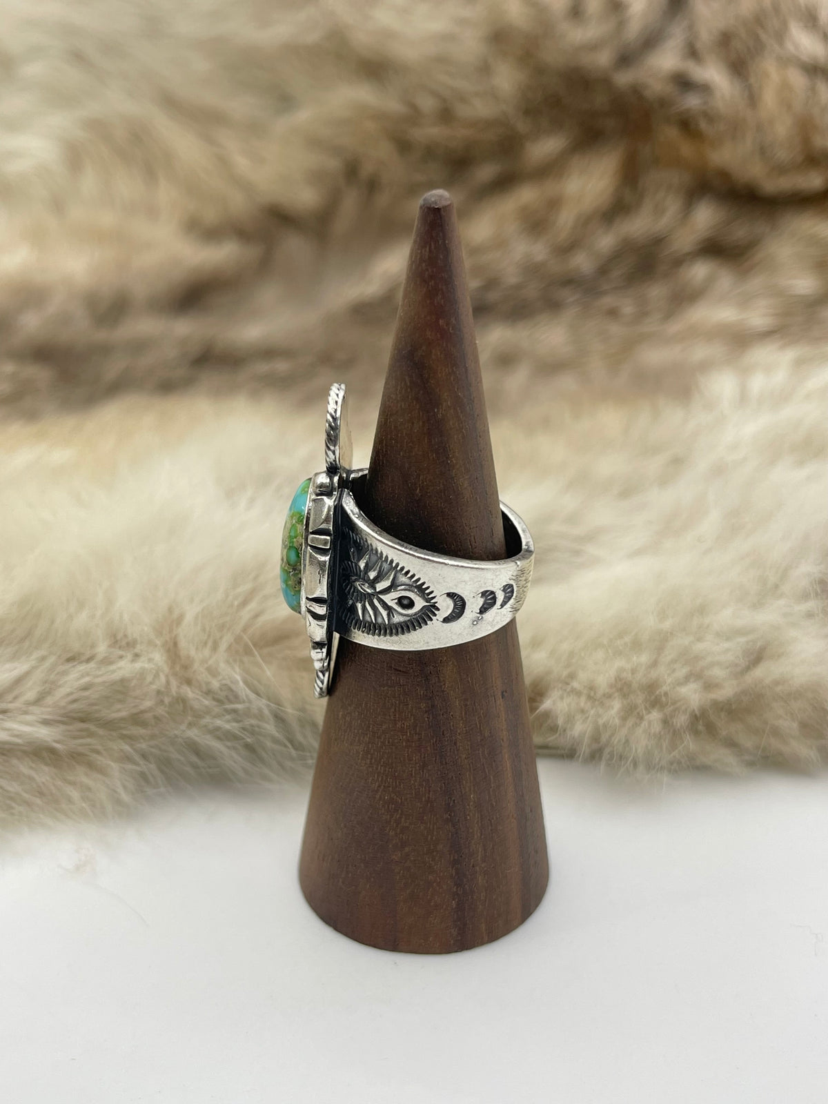 7.5 Sonoran Gold Turquoise Ring with Spiral by Marita Benally, Navajo