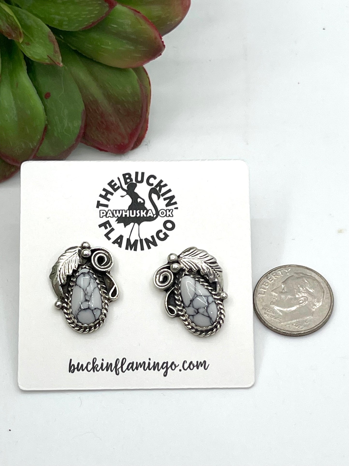 White Howlite Teardrop with Feather Earrings by Sharon McCarthy, Navajo