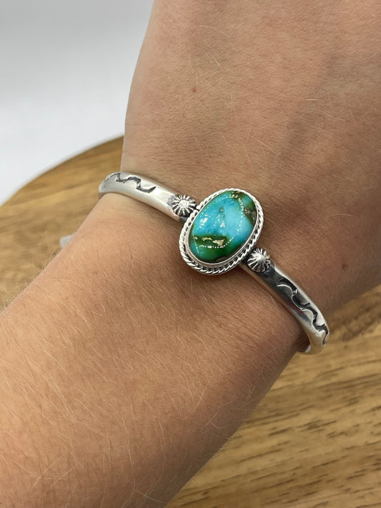 5.25" - 7" Sonoran Gold Turquoise Stamped Cuff by Samuel Yellowhair, Navajo