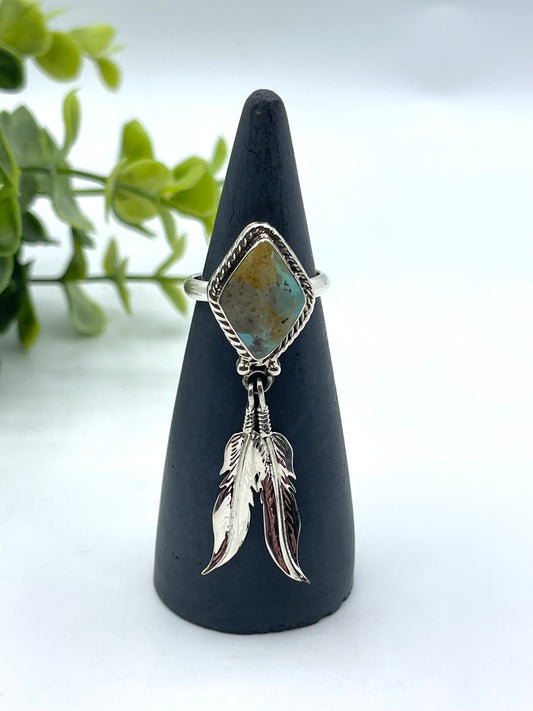 9.0 Turquoise Ring with 2 Feather by Jerome Lee, Navajo