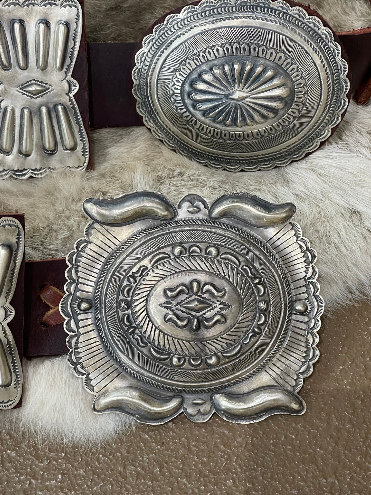 44" Large Concho Leather Belt by Eugene Charley, Navajo