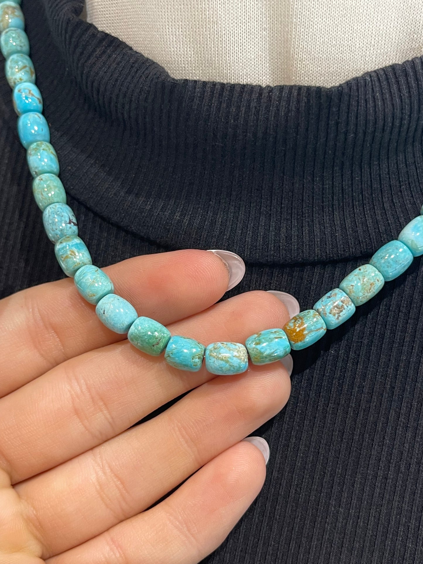 18" Natural Kingman Turquoise Cylinder Bead Necklace by Tammy Nolcott, Navajo
