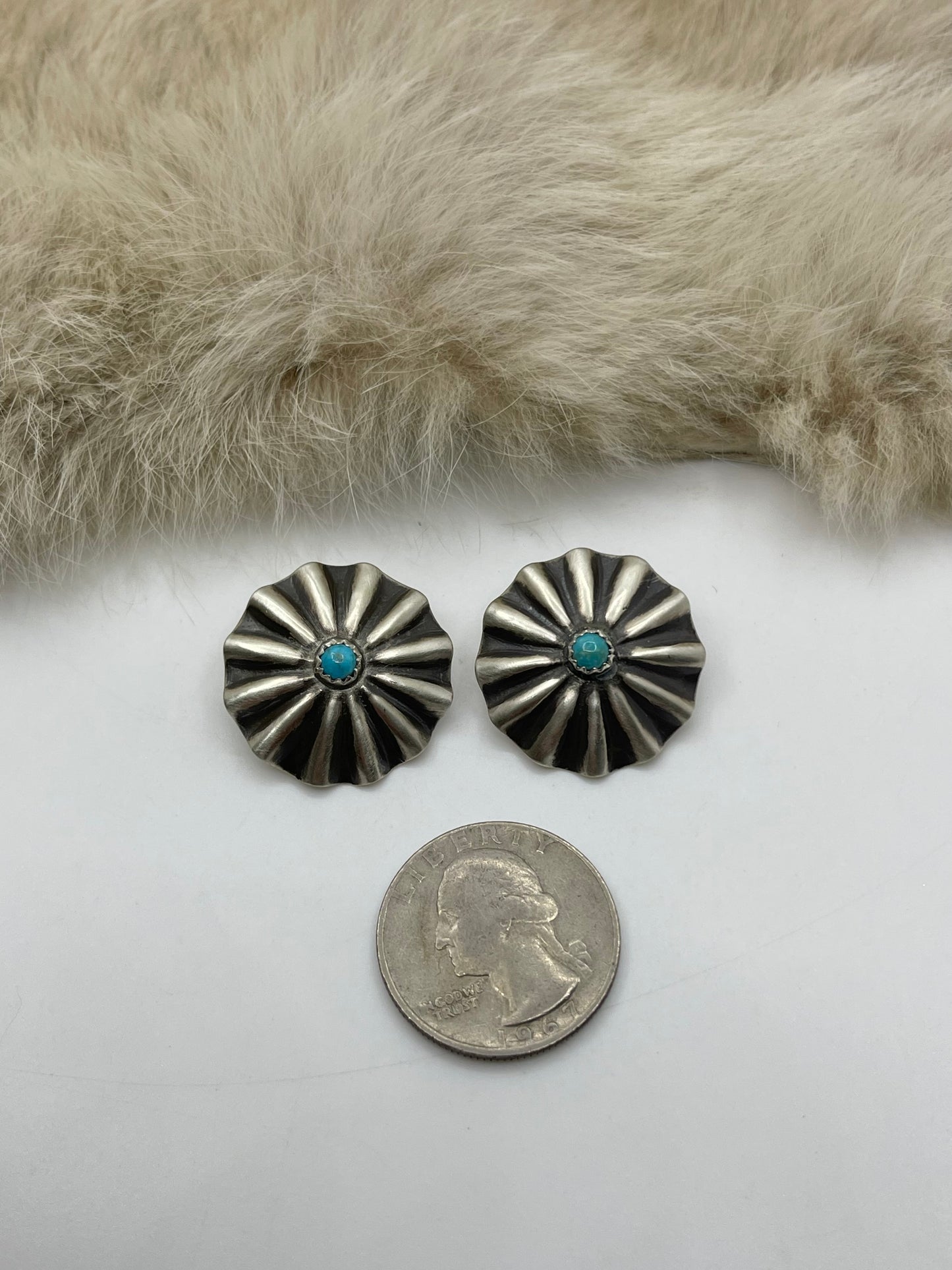 Ribbed Concho Post Earring with Turquoise by Arlene Soce, Navajo