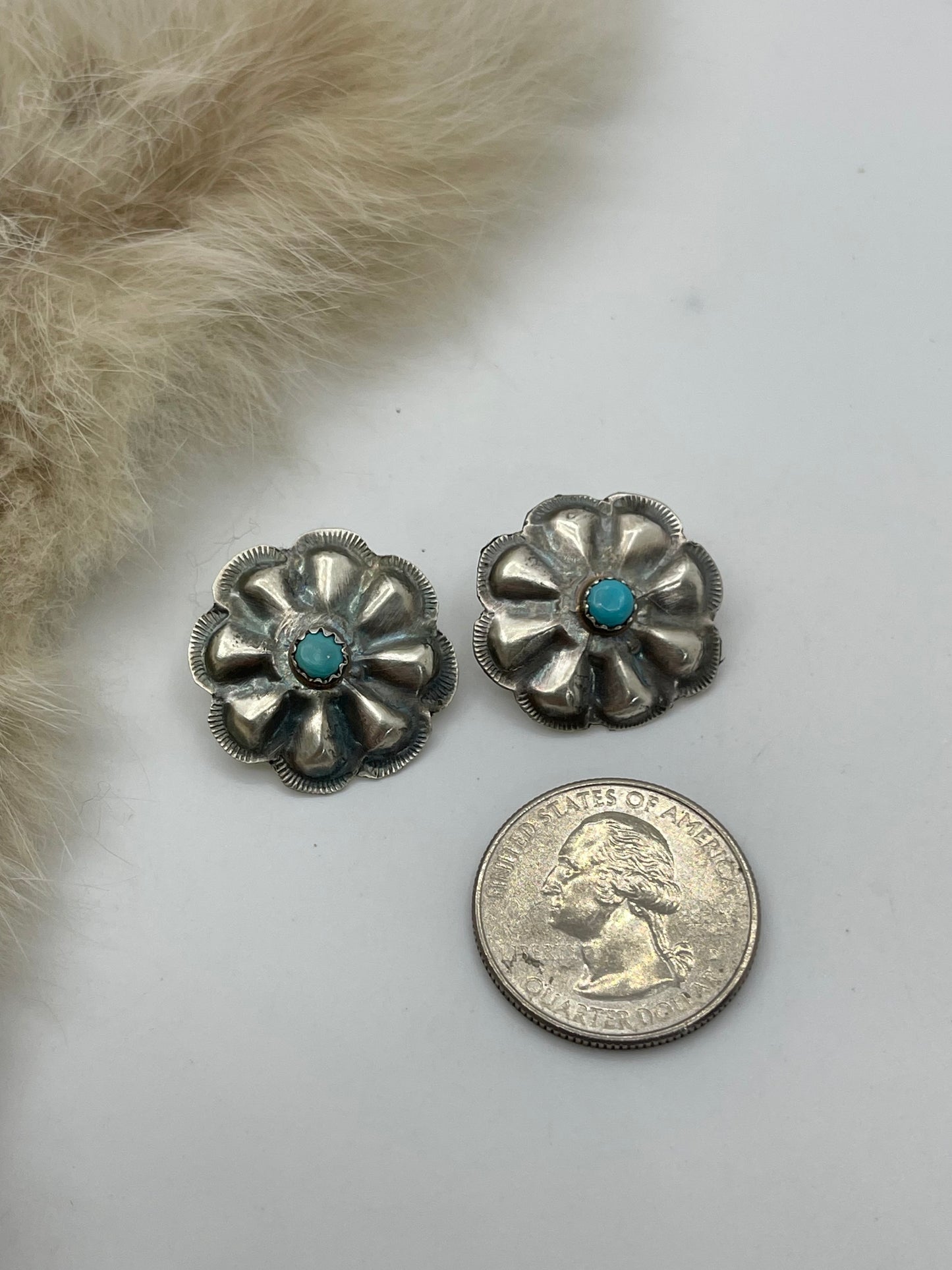 Stamped Silver Concho with Turquoise Post Earrings by Joan and Ryan Begay, Navajo