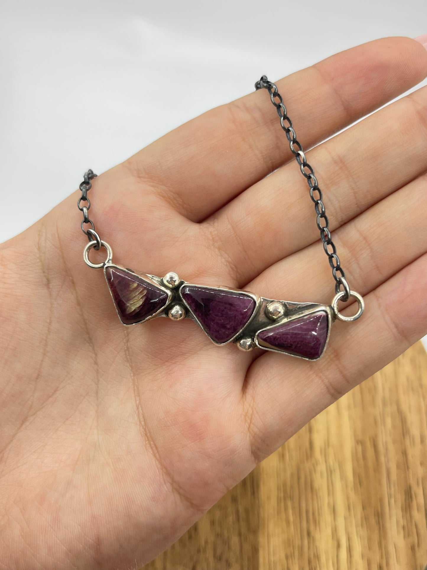 18" 3 Stone Purple Spiny Oyster Shell Necklace by Jude Candeleria, Zuni