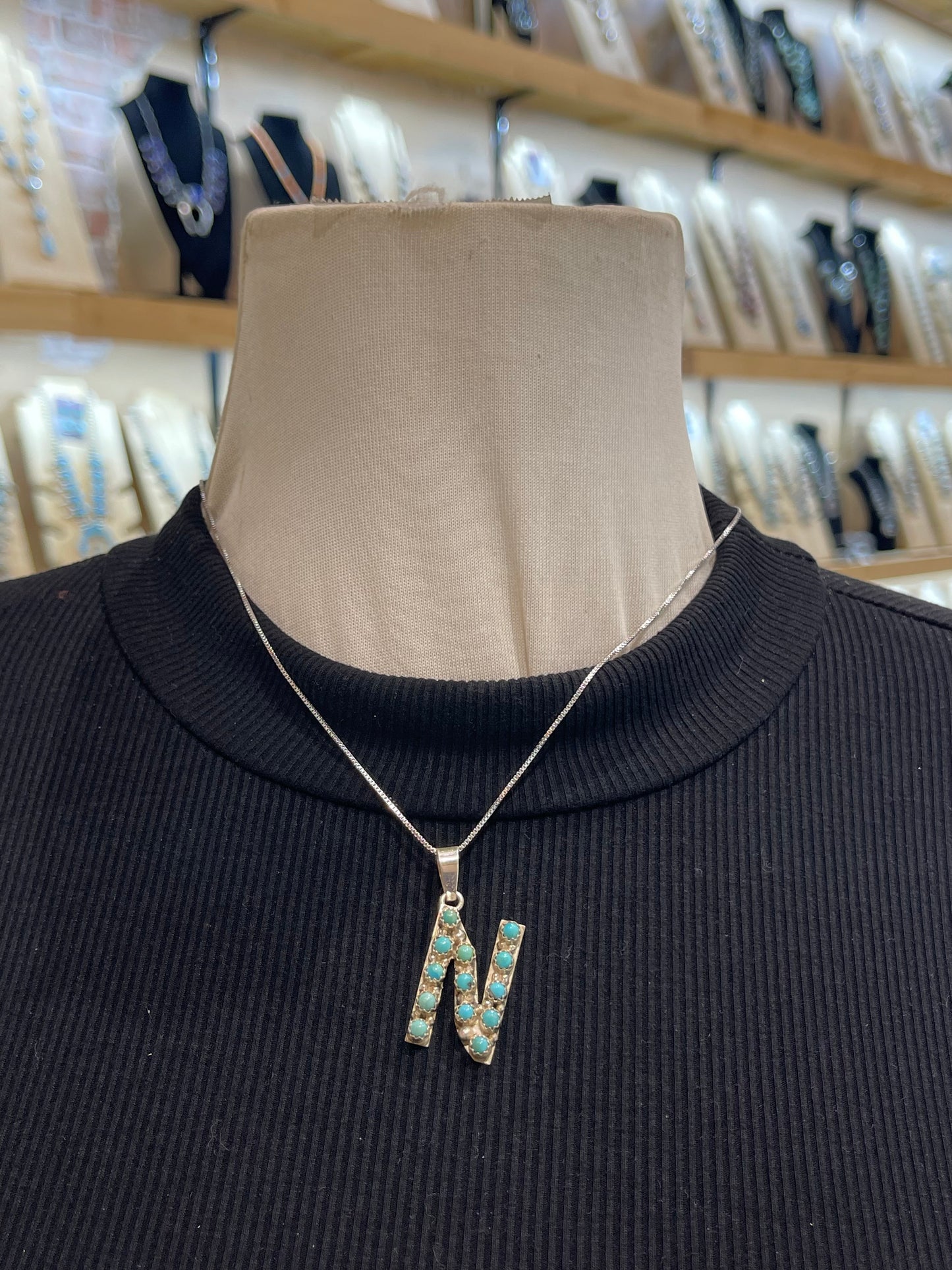 18" Turquoise Letter "N" Necklace by Scott Skeets, Navajo