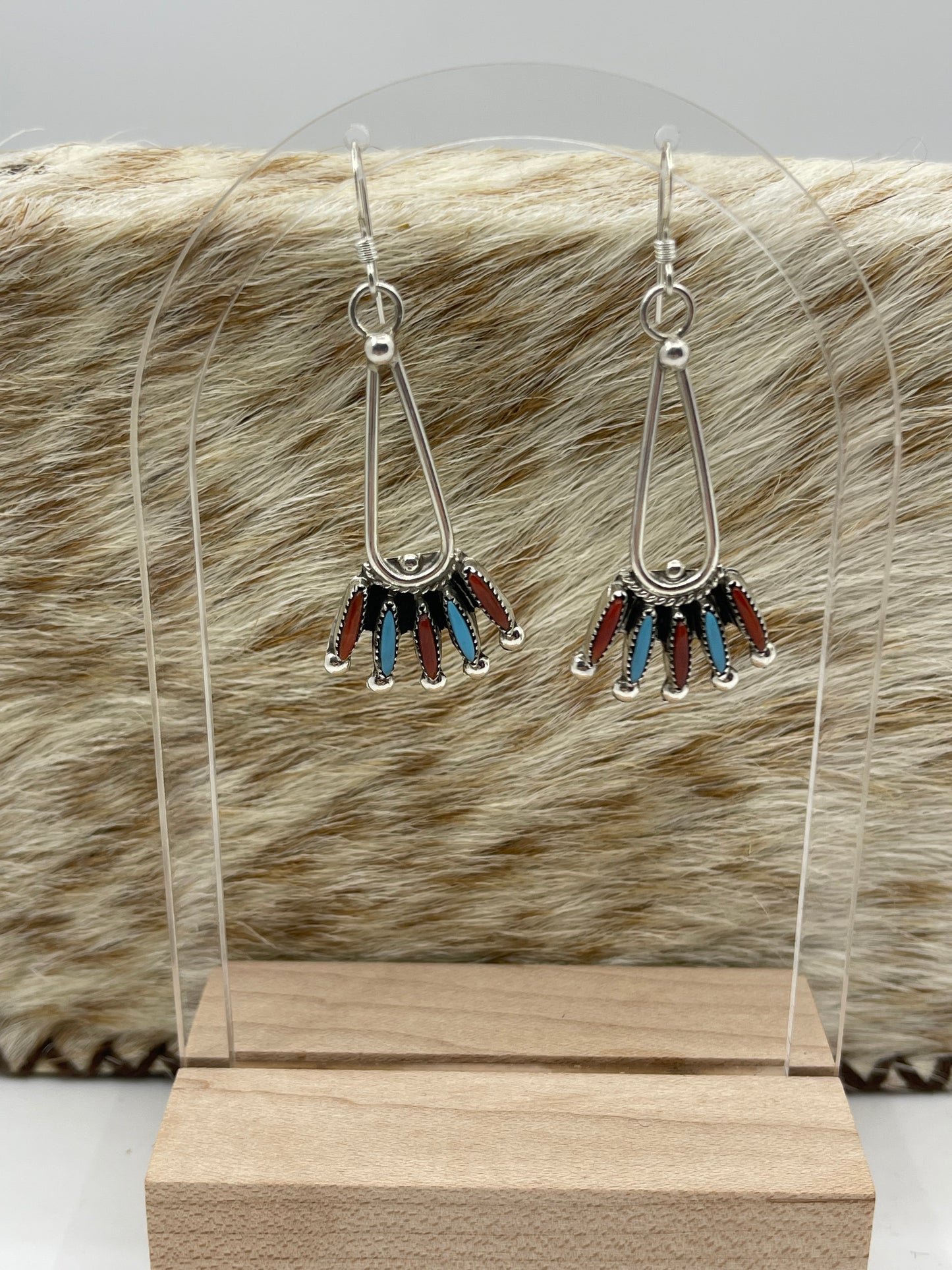 Turquoise and Coral Needlepoint Dangle Earrings by Gerald Etsate, Zuni