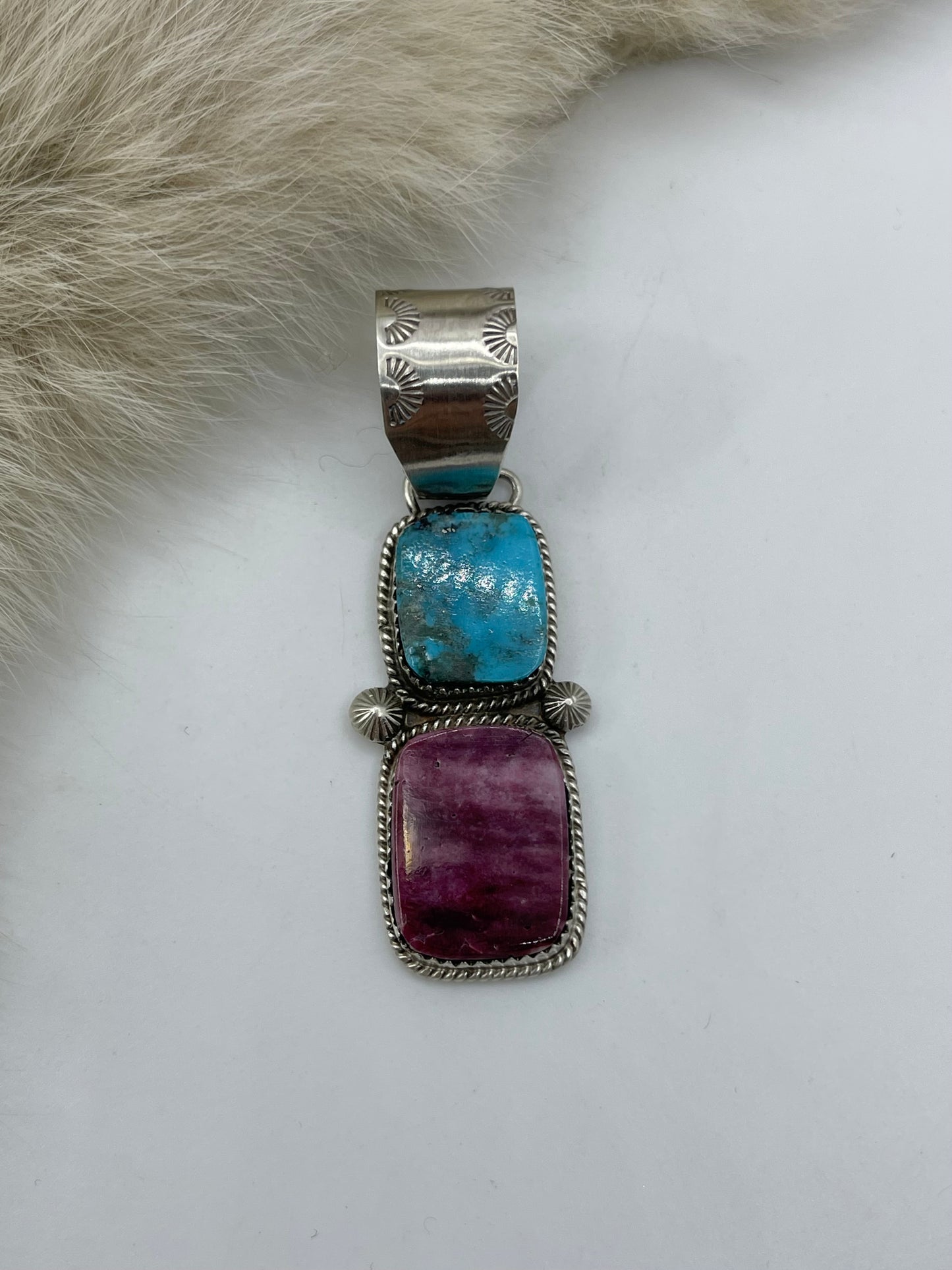 12 MM BAIL 2 STONE TURQOUISE & PURPLE SPINY PENDANT BY SELINA WARNER, NAVAJO